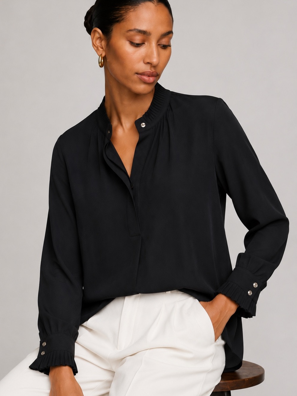 Calvin Klein Pleated Mock Neck Blouse Black Size L